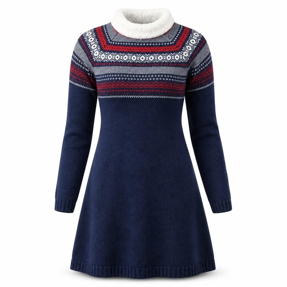 Gymboree Girls Navy Blue Fair Isle Sweater Dress Faux Fur Collar Size 12